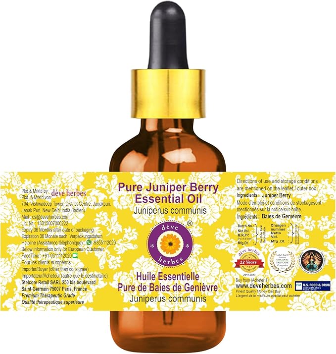 Deve Herbes Pure Juniper Berry Essential Oil (Juniperus communis) with Glass Dropper Steam Distilled 15ml (0.50 oz)