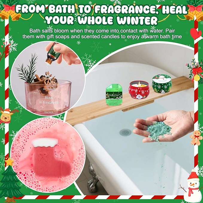JAOJAO Christmas Gift Sets for Women, Bath Gift Set for Women Secret Santa Gifts Stocking Stuffers Festive Self-Care with Massage Oil, Scented Candle, Bath Salts, Soap, Stocking, Greeting Cards