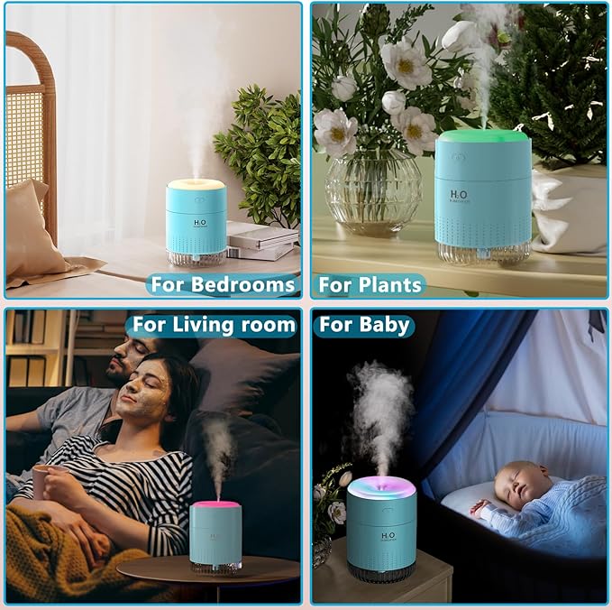 SZO Portable Mini Humidifier, 500ML USB Personal Cool Mist Humidifiers for Bedroom Office Travel Desk, Whisper Quiet 20dB with 2 Mist Modes & Auto Shut-Off, Small Desktop Humidifier（WSQ02 Blue）