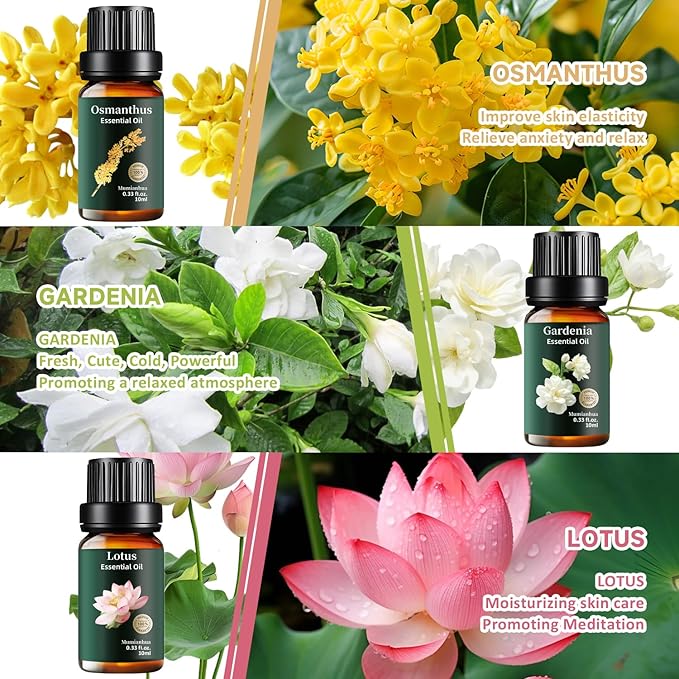 Floral Essential Oils Set Pure, Rose, Gardenia, Jasmine, Lavender, Osmanthus, Lily, Lotus, Ylang Ylang, Magnolia,Geranium, Freesia, Clove for Diffuser, Skin, Hair, Candle & Soap Making 12x10ml