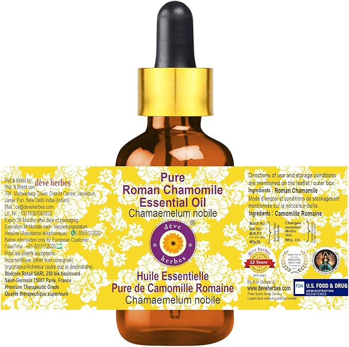 Deve Herbes Pure Roman Chamomile Essential Oil (Chamaemelum nobile) with Glass Dropper Steam Distilled (Pack of Three) 100ml X 3 (10 oz)