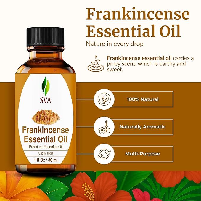 SVA Frankincense Essential Oil – 1 Fl Oz – 100% Natural Boswellia Serrata Oil - for Diffuser, Hair Care, Face, Skin Care, Aromatherapy, Scalp and Body Massage, Soap and Candle Making - with Dropper