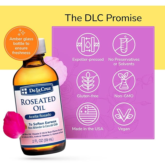 De La Cruz Roseated Oil - Natural Ear Wax Softener Blend with Rose Flower Extract - Ear Wax Aid - Made in The USA - 2 Fl Oz (6 Bottles)