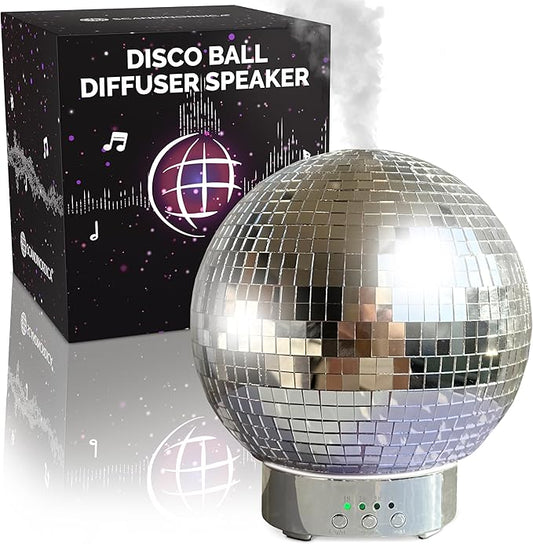 SCANDINORDICA Disco Ball Diffuser Speaker - Large 300 mL Rotating Disco Ball Essential Oil Diffuser with Whisper Quiet Operation, 7 Color LED Night Light & 4 Time Settings | Cute Bluetooth Speaker