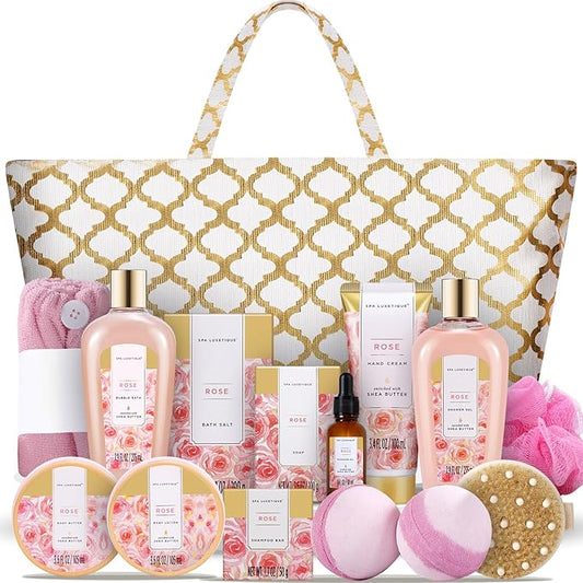 Spa Luxetique Spa Baskets for Women Gift, Womens Spa Gift Baskets, 15pcs Rose Spa Sets, Spa Kit Includes Body Oil, Bubble Bath, Bath Sets for Women, Mothers Day Gifts