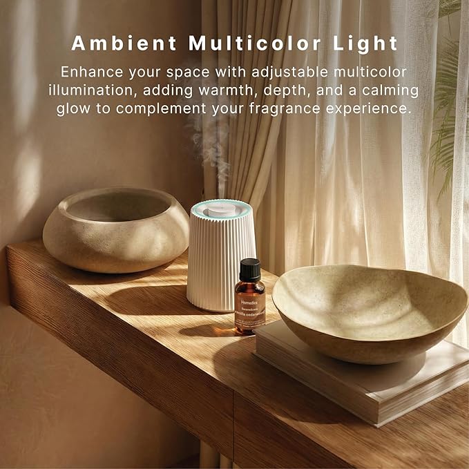 Homedics Waterless Essential Oil Diffuser with 15ml Vanilla Cedarwood Fragrance Oil. SereneScent Cordless Cold Air Scent Diffuser Starter Kit with Ambient Light, Studio 671 (White)