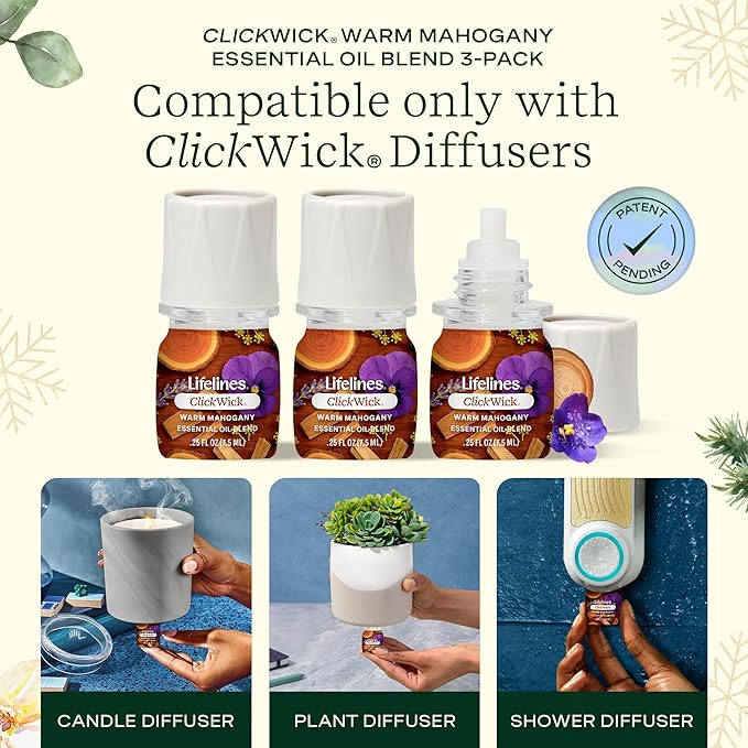 Lifelines ClickWick Essential Oil Blends for Lifelines Diffusers, 3-Pack Warm Mahogany Set – Essential Oil Blend Refill for Candle, Plant & Shower Aromatherapy Diffuser – Fragrance for Diffusers