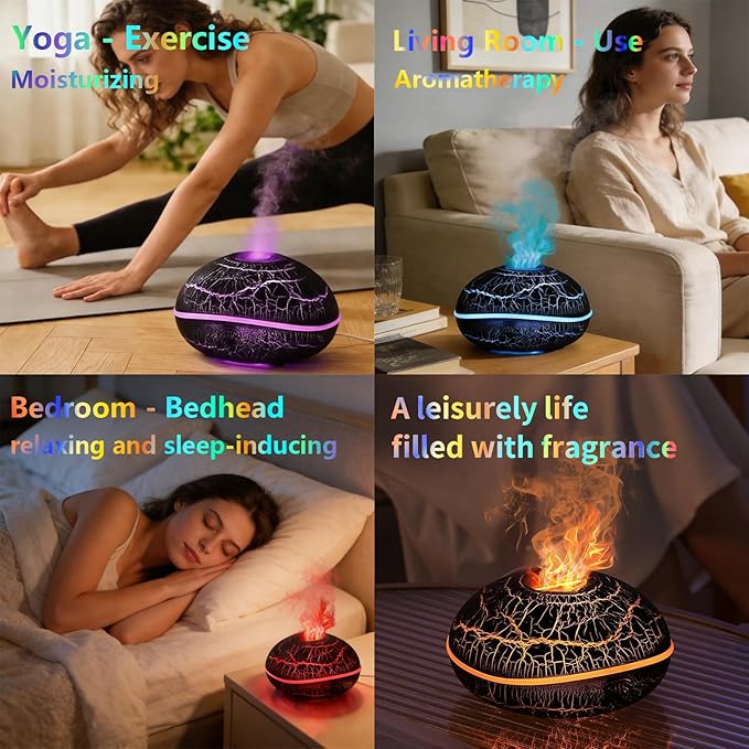 3-in-1 Aromatherapy Diffuser & Humidifier, 250ML Ultrasonic Aroma Essential Oil Diffuser with 7-Color Flame Night Light, Auto Shut-Off, 6-8H Runtime for Bedroom Yoga Office Home