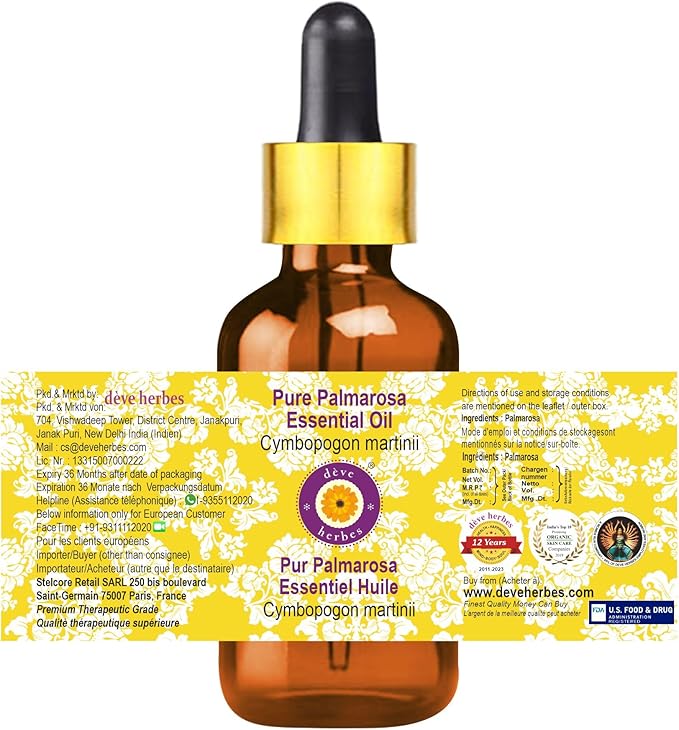 Deve Herbes Pure Palmarosa Essential Oil (Cymbopogon martinii) with Glass Dropper Steam Distilled 10ml (0.33 oz)