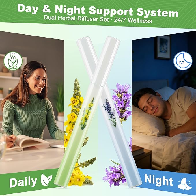 2 Pack Herbal Diffuser Pen Set, Night & Day Relax Duo with Mullein & Melatonin for Daytime Fresh Breath, Nighttime Calm Sleep Support, 1200 Total Uses