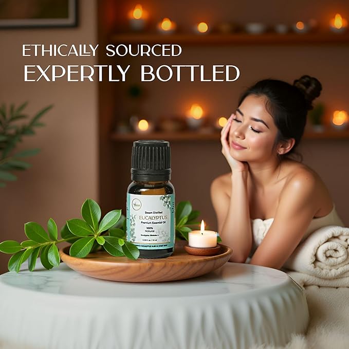 My Ace Eucalyptus Essential Oil – 100% Pure & Natural, Steam-Distilled, Undiluted Oil for Diffuser, Aromatherapy, Massage, Candle & Soap Making – Amber Glass Bottle – 0.33 fl oz