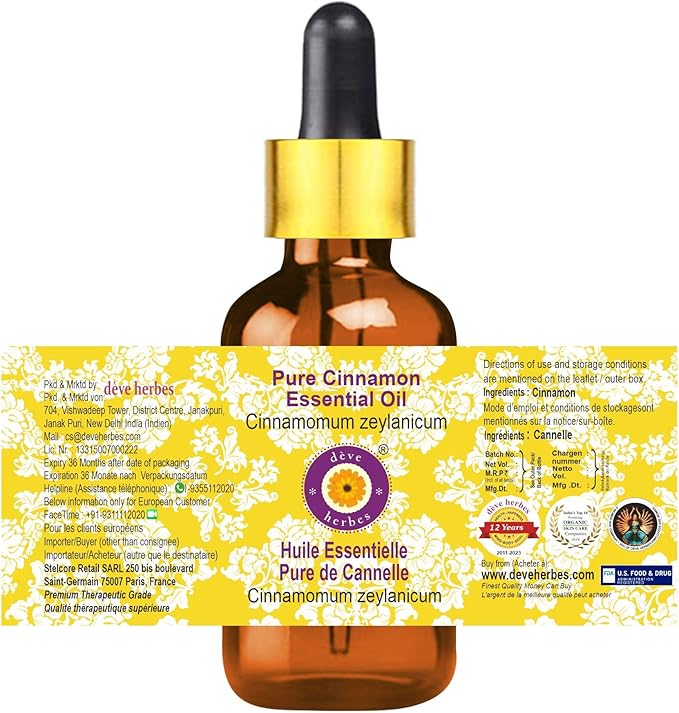 Deve Herbes Cinnamon Essential Oil (Cinnamomum zeylanicum) with Glass Dropper Pure | Non-Sticky | Non-Greasy | Lightweight | Men & Women | All Skin Types | Steam Distilled 15ml