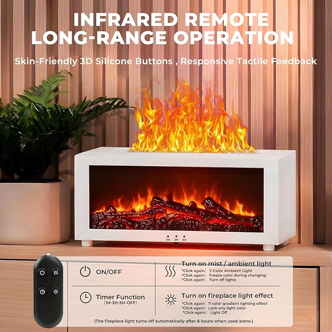 Fireplace Flame Essential Oil Diffuser, 7-Color LED Ultrasonic Aromatherapy Humidifier with Remote Control & Timer, 150ml Waterless Auto-Off Cool Mist Diffuser for Home Bedroom Office Yoga Black