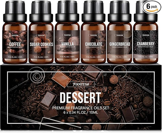 FUHITIM Fragrance Oil Dessert Set, Scented Oil for Soap & Candle Making, Essential Oils for Diffuser-Coffee, Vanilla, Chocolate and More(6 * 10ML), for Halloween, Thanksgiving