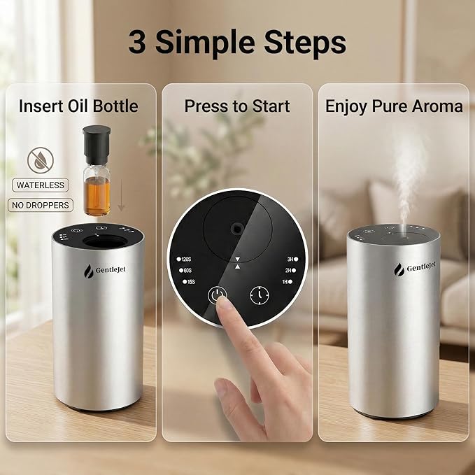 GentleJet LiteMist Waterless Nebulizing Essential Oil Diffuser – Cold Air Aromatherapy, USB-C Cordless 2000mAh Battery, Aluminum Portable for Home Office Car, 20ml