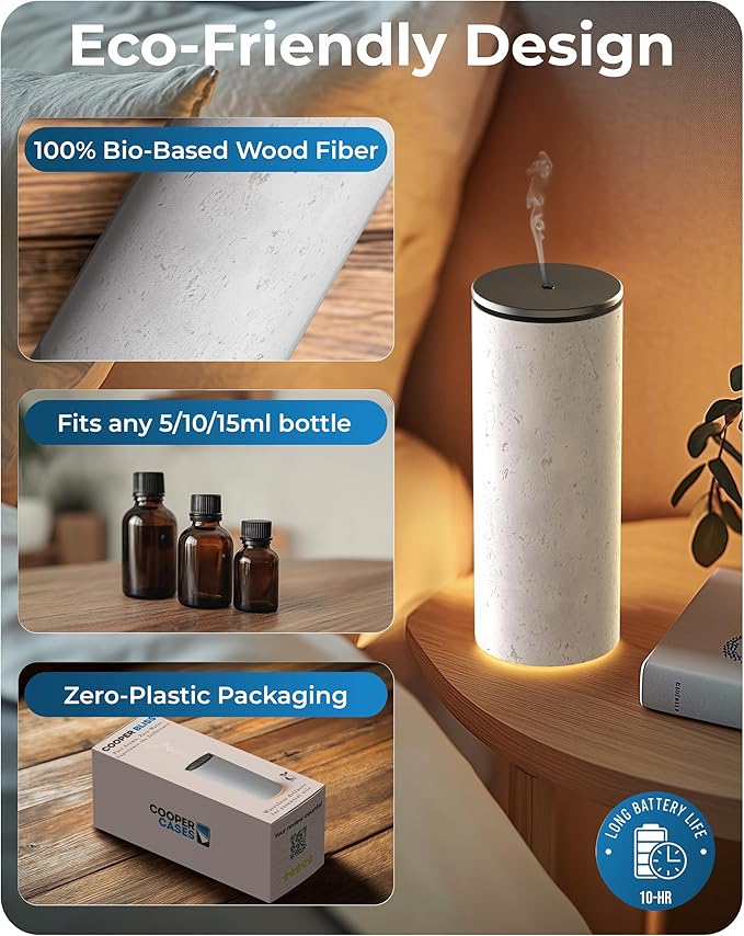 Cooper Bliss Waterless Diffuser for Essential Oils, Pure Aroma Zero Water, Cordless 10-hr Battery Operated Oil Diffuser Machine, Adjustable Scent & Timer, Ambient Light, 100% Bio-Fiber Wood (White)