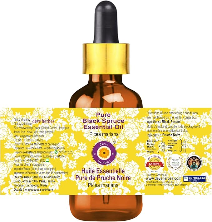 dève herbes Black Spruce Essential Oil (Picea Mariana) with Glass Dropper | Pure | Non-Sticky | Non-Greasy | Lightweight | Men & Women | All Skin Types | Steam Distilled 15ml (0.5 oz)