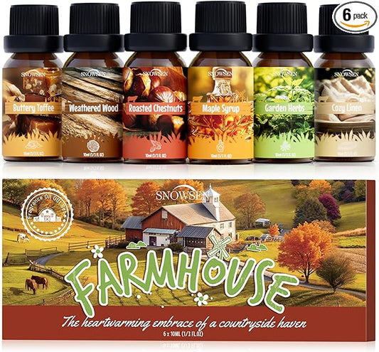 Farmhouse Essential Oils Set for Diffusers for Home, Soap & Candle Making Scents, Roasted Chestnuts,Buttery Toffee, Garden Herbs, Cozy Linen, Maple Syrup, Weathered Wood, 6x10ml