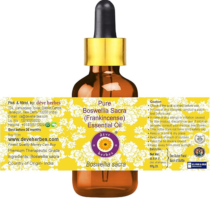 Deve Herbes Pure Boswellia Sacra (Frankincense) Essential Oil (Boswellia Sacra) with Glass Dropper Steam Distilled 30ml (1 oz)
