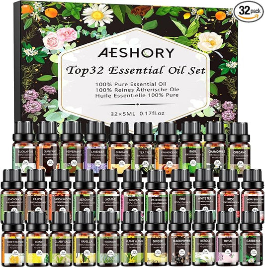 Essential Oils Set - 32x5ml Pure Aromatherapy Essential Oils Kit for Diffuser, Humidifier, Aromatherapy, Massage, Skin & Hair Care - Lavender, Tea Tree, Eucalyptus, Sandalwood, Peppermint, Rosemary