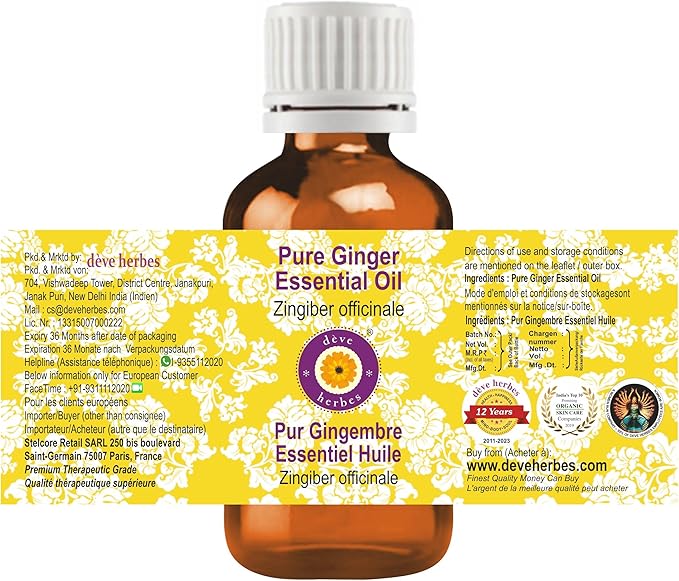 dève herbes Ginger Essential Oil (Zingiber officinale) Pure | Non-Sticky | Non-Greasy | Lightweight | Men & Women | All Skin Types | Steam Distilled 15ml (0.5 oz)