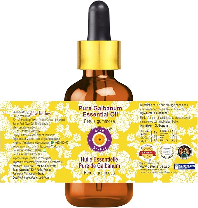 Deve Herbes Pure Galbanum Essential Oil (Ferula gummosa) with Glass Dropper Steam Distilled (Pack of Three) 100ml X 3 (10 oz)