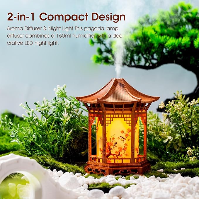 Aroma Diffuser, Lantern Diffuser & Chinese Lamp Night Light - 160ml Essential Oil Diffusers with Dual Mist Modes, Dual Color Temp, Shallow Wood Grain for Home Bedroom Office, Khaki