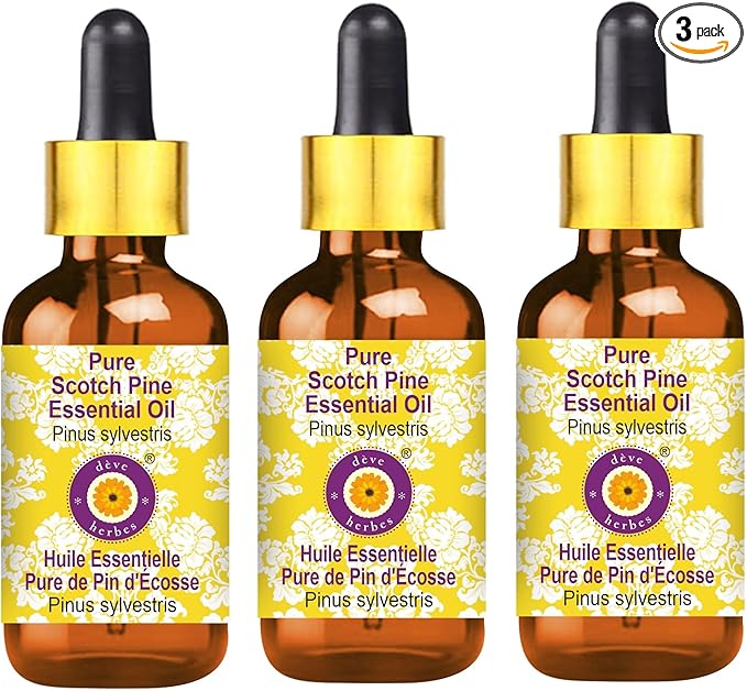 Deve Herbes Pure Scotch Pine Essential Oil (Pinus sylvestris) Steam Distilled with Glass Dropper (Pack of Three) 100ml X 3 (10 oz)