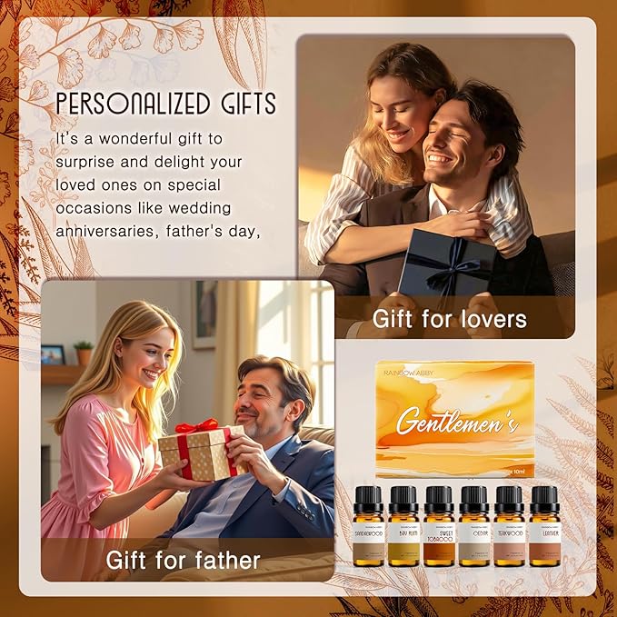 RAINBOW ABBY Fragrance Oil Gentlemen's Set - Leather, Bay Rum, Teakwood, Cedar, Sweet Tobacco, Sandalwood Aromatherapy Oils for Candle & Soap Making, Diffuser Oil Scents (6x10ML)