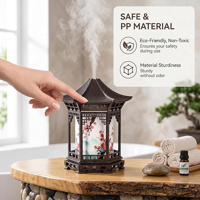 Chinese Lanterns, Chinese Lamp Essential Oil Diffuser & Night Light - 160ml 2-in-1 Humidifier with Dual Color Temperatures & Adjustable Mist, Brown
