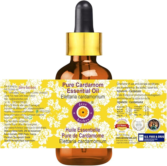 Deve Herbes Pure Cardamom Essential Oil (Elettaria cardamomum) with Glass Dropper Steam Distilled 30ml (1 oz)