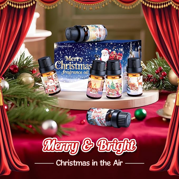 RAINBOW ABBY Christmas Fragrance Oil Set, Holiday Essential Oils for Diffuser, Fresh Cut Wood, Campfire Whisper, Candy Land, Gingerbread Cinnamon, Vanilla Cinnamon, Berries & Cream, 6X 10ml