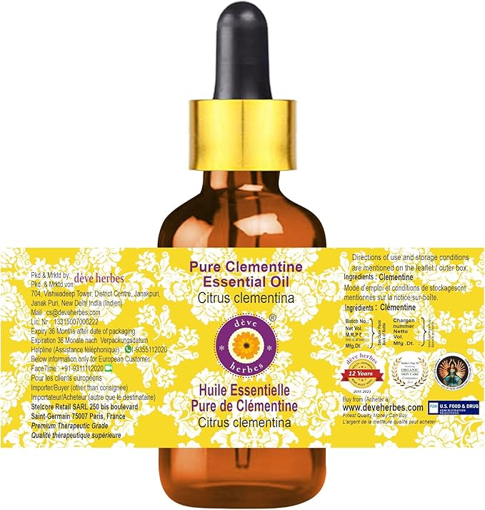 Deve Herbes Pure Clementine Essential Oil (Citrus Clementina) with Glass Dropper Steam Distilled 30ml (1 oz)