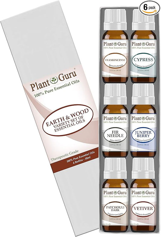 Earth & Wood Essential Oil Variety Set Kit - 6 Pack - 100% Pure Therapeutic Grade 10 ml. Includes Frankincense, Cypress, Fir Needle, Juniper Berry, Patchouli, Vetiver.