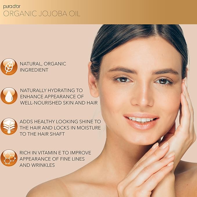 PURA D'OR ORGANIC Jojoba Oil (16.9 Oz GLASS BOTTLE) USDA Certified - 100% Pure & Natural Moisturizer - Cold Pressed, Unrefined, Hexane Free Base Carrier Oil For DIY Skin Care, Hair, Face & Nails