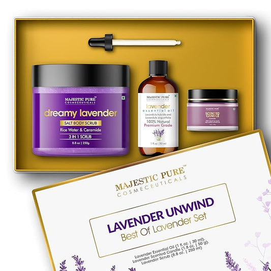 Majestic Pure Lavender Essential Oil & Body Scrub Set | 100% Pure & Natural Gift Set | Relaxing & Stress relief | pack of 3