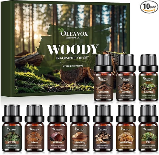 Woody Essential Oils Gift Set, 10x５ML Premium Wood Fragrance Oil　for Candle & Soap Making, Diffuser, Sandalwood, Teakwood, Forest Pine, Cedarwood, Cypress and Frankincense More Aromatherapy Oils