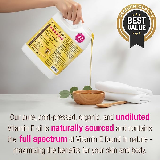 Seven Minerals Ultra Pure Vitamin E Oil - Full-Spectrum D-Alpha Tocopherol, 100% Organic Vitamin E Oil for Skin, Face, Hair, and Scars - Naturally Occurring = Not Synthetic (32 fl oz Jug)