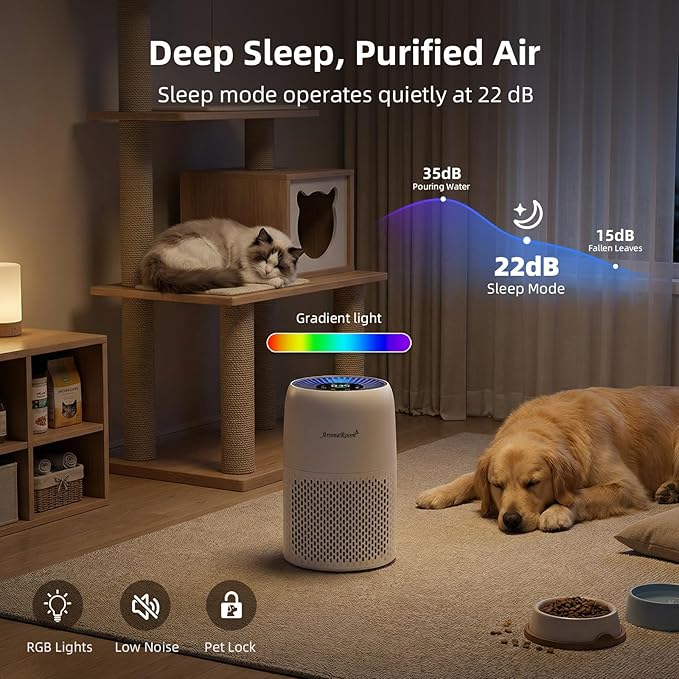 Pet Air Purifier for Home, AromaRoom Air Purifiers for Pet Hair Dander Odor Allergies Smoke, H13 HEPA Air Filter, Air Quality Monitor, Auto Mode, Quiet Air Cleaner for Bedroom, Living Room，White