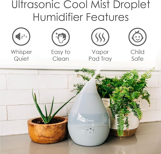 Crane Droplet Ultrasonic Small Air Humidifiers for Bedroom and Office, 0.5 Gallon Cool Mist Humidifier for Plants and Home, Humidifier Filters Optional, Grey