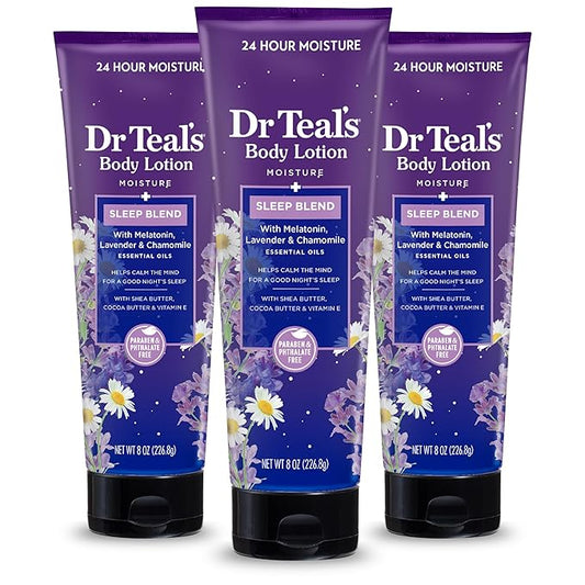 Dr Teal's Sleep Body Lotion, 24-Hour Moisture, with Melatonin, Lavender & Chamomile Essential Oils, 8 fl oz (Pack of 3)