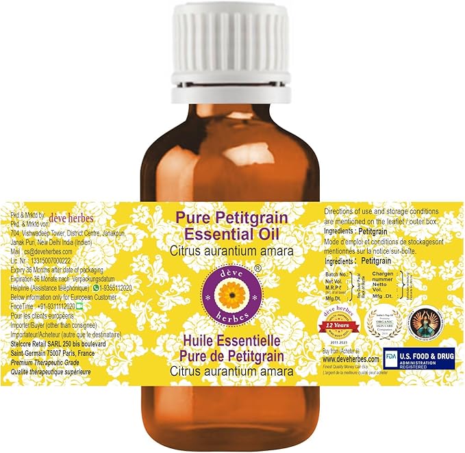 Deve Herbes Pure Petitgrain Essential Oil (Citrus aurantium Amara) Steam Distilled (Pack of Two) 100ml X 2 (6.76 oz)