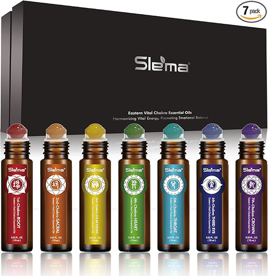 Slema 7 Chakra Essential Oil Roll-On Gift Se – 7 x 10ml Crystal & Jade Rollerballs for Mindfulness, Relaxation & Daily Self Care Rituals (7 x 10ml-Essential Oil Roller Sets)