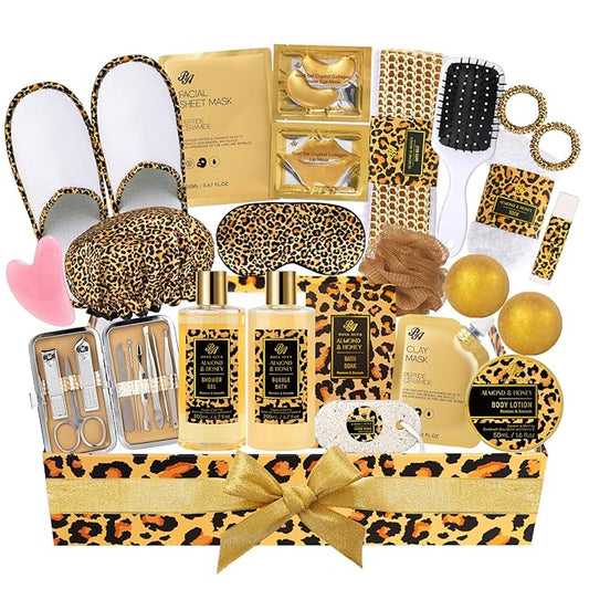 Mother's Day Gifts for Mom, 33 Pcs XXL Leopard Bath and Body Gifts Basket Set for Women, Hydrating Skin Care Set, Self Care Gifts Kit, Birthday, Home Spa Gift Set for Women, Christmas, Anniversary