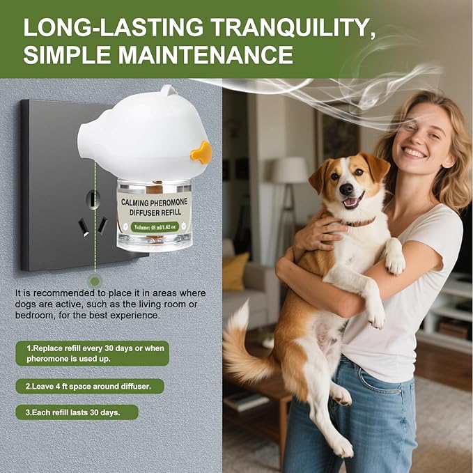 Dog Calming Diffuser, 4-in-1 Pheromone Refills for Anxious Dogs, 120-Day Continuous Stress & Anxiety Relief for Barking, Chewing, Crate Training