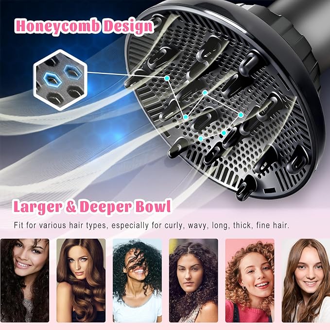Universal Hair Diffuser for 1.4"-3.1" Blow Dryers, Diffuser Hair Dryer Attachment, Professional Hair Diffuser for Curly Wavy Long Thick Hair, Reduces Frizz & Defines Curls, Home/Travel Use, Black