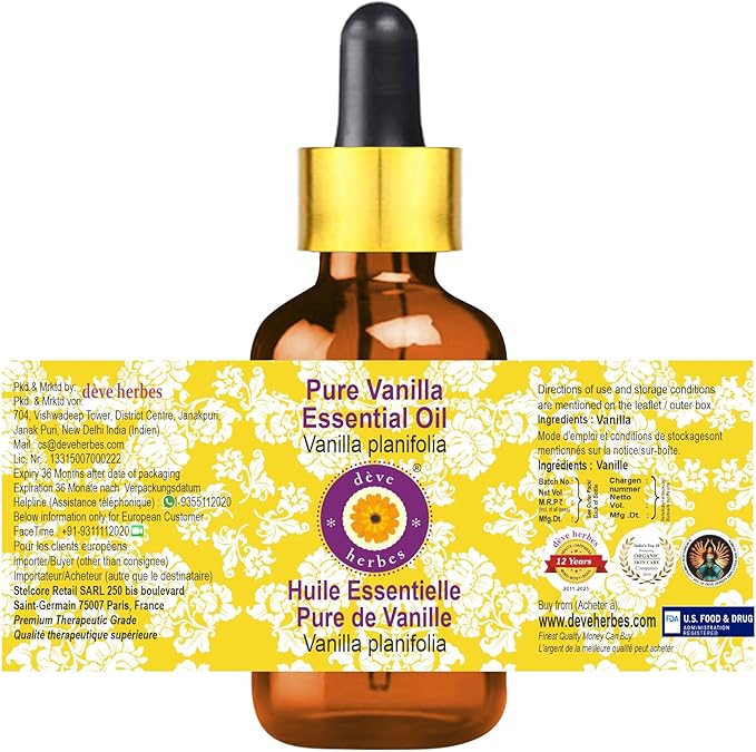 Deve Herbes Pure Vanilla Essential Oil (Vanilla planifolia) with Glass Dropper Steam Distilled 15ml (0.50 oz)