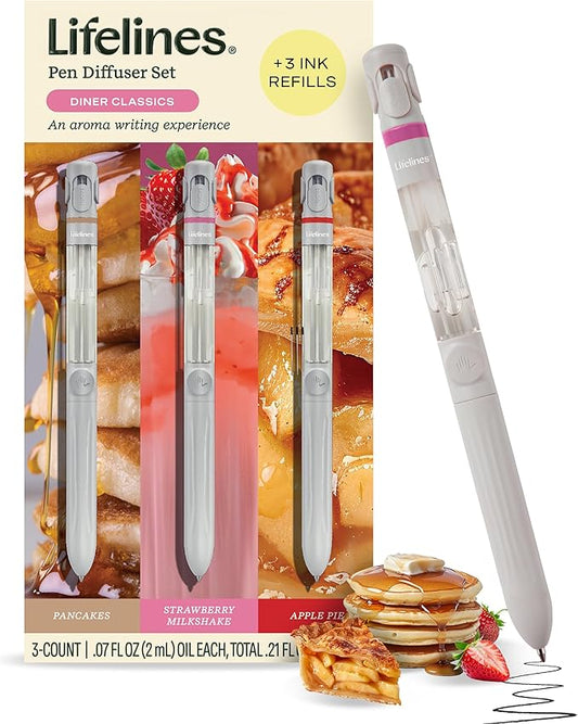 Lifelines Pen Diffuser Set, Diner Classics 3-Pack - 1mm Black Ballpoint Pens with Scented Essential Oil Blends – Aromatherapy Diffuser & Sensory Immersion Diffuse Aroma As You Write