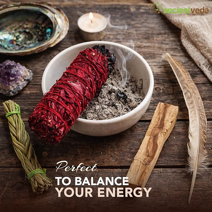 Ancient VEDA Organic Smudge Kit – Dragon's Blood, Palo Santo, Sweetgrass Braid, Feather & Smudge Guide | Home Cleansing Kit for Meditation, Yoga, Energy Healing (Starter Kit, Dragon's Blood Sage)