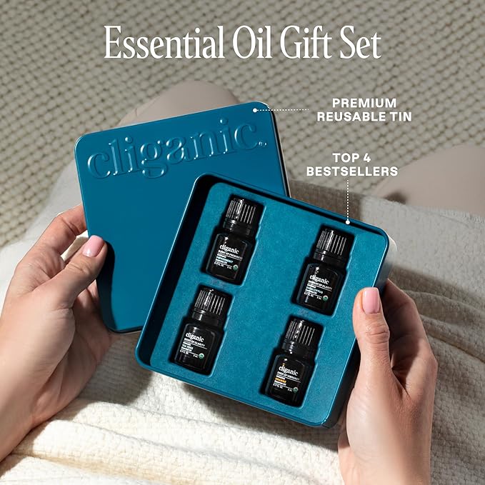 Cliganic Organic Essential Oils Gift Set (Top 4 - The Basics), 100% Pure Natural Aromatherapy - Peppermint, Eucalyptus, Tea Tree & Orange